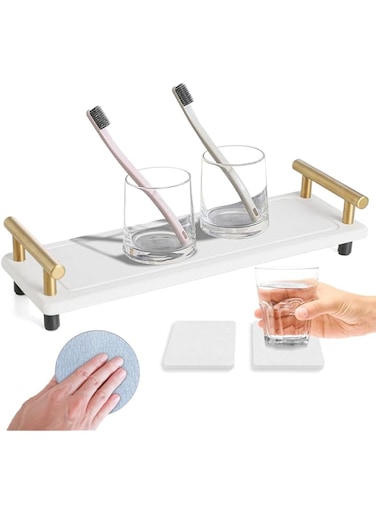 Azonee Instant Drying Stone Sink Organizer Tray, Kitchen Sink Organizer, Soap Sponge Holder Toothbrush Cup for Kitchen Sink Bathroom Counter (White)
