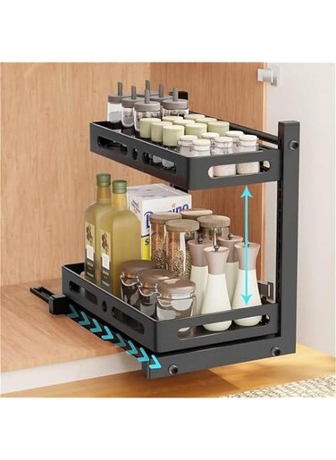 2 Tier Under Sink Organizer and Storage, Heavy Duty Sliding Under Sink Shelf, L Shaped Pull Out Cet Basket Organizer, Multi-Purpose Slide Out Organizer Rack for Bathroom, Kitchen (Black)
