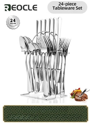 Silverware Set Tableware 24 Pieces Flatware Set With Stand Stainless Steel Kitchen Utensils Set for 6 Guests Mirror Polished Cutlery Set Spoon and Fork Set Knife Silverware