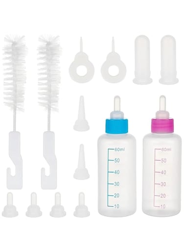 Excefore Pet Nursing Feeding Bottle, 14PCS Pet Nursing Bottle Kits Kitten Milk Feeder with Replacement Silicone Nipples Feeding Tool for Kitten Puppy Newborn Pet Animals