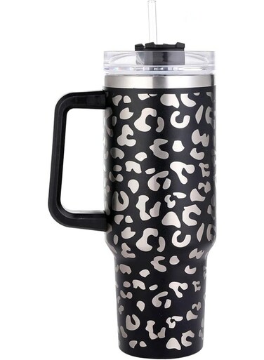 LLC 40oz Tumbler with lid, Starw and Handle, Stainless Steel Vacuum Insulated Water Bottle Travel Mug for Iced Coffee, Hot and Cold Tea (Leopard Black)