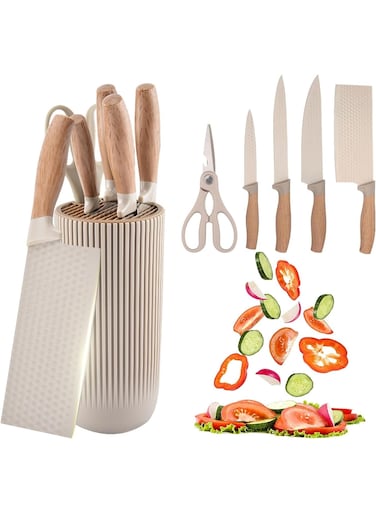 Kitchen Knife Set Khaki Kitchen Knife Set with Knife Block &acirc;&euro;&ldquo; Non-Stick Stainless Steel Sharp Blades, Anti-Rust &amp; Ergonomic Design for Home, Restaurant,Outdoor