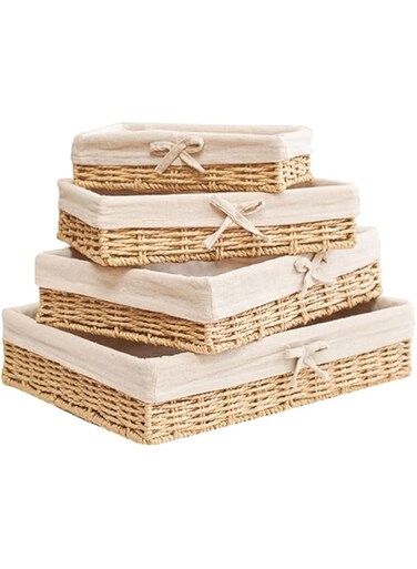 YARNOW 4Pcs Rattan Storage Basket Rectangular Wicker Basket Bins Tabletop Storage Basket with Liners for Gift Toys Fruit Bread Food