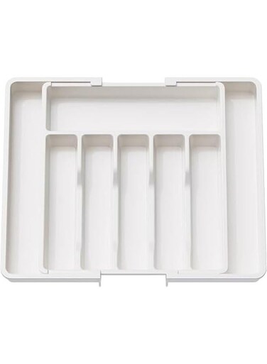 Silverware Drawer Organizer, Expandable Utensil Tray for Kitchen, BPA Free Flatware and Cutlery Holder, Adjustable Plastic Storage for Spoons Forks Knives, Large (White)