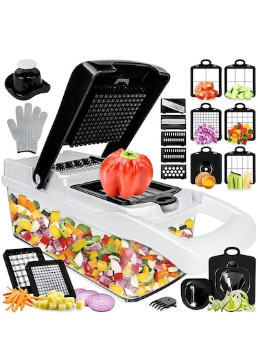 25 in 1 Vegetable Chopper 12 Blades Multifunction, Kitchen Veggie Cutter Food Chopper with Container Slicer Grater Spiralizer for Onion Potato Carrot Egg Cucumber Tomato Garlic