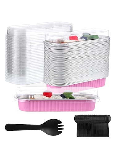 Jodoniz Aluminum Mini Loaf Pans, Aluminum Foil Pans with Lid, 6.8oz Disposable Rectangle Baking Containers Muffin Baking Tins Mini Cake Pans, 100 Pack Pans/Lids/Spoons