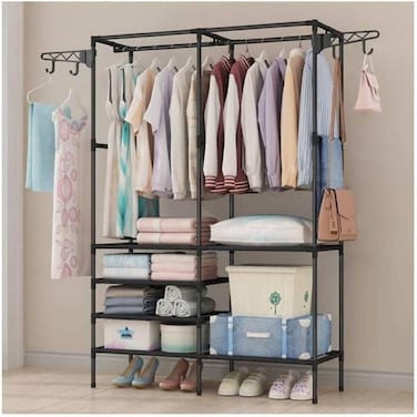 Freestanding Wardrobe, Portable Clothes Rack Organizer with Shelves &amp; Hanging Rail, Metal Frame Closet for Bedroom, Dorm（ 108x36x173cm, Black）