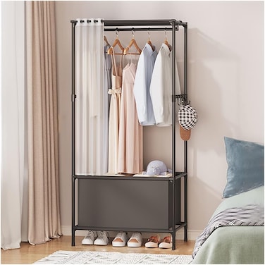 Metal Coat Rack Freestanding With Curtain, Metal Clothes Rack with Anti-Slip Pads &amp; Dustproof Cover, Portable Garment Organizer for Bedroom, Dorm（166x62x43cm, Black）