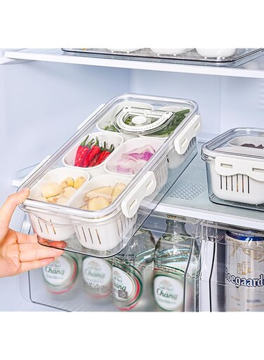 VAODO Fridge Food Storage Container, Divided Serving Tray with Lids&amp; Removable, 6 Grids Draining Crisper Portable Divided Fruit Storage Container, with Date Display, for Ginger Garlic Onion