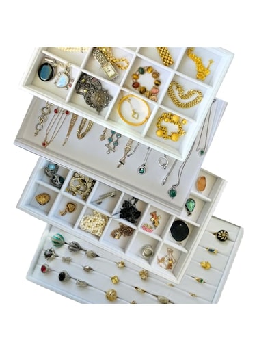 N3ma Jewelry Trays Organizer, Velvet &amp; Stackable Jewelry Trays to Display or Store your Jewelry Perfect for Rings Earrings Bracelets Chokers Necklaces Anklets Pendant and Bangles (Set of 4 Light Grey)