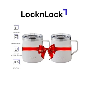 LocknLock Metro Mug 355ml, PACK of 2 &ndash; Insulated BPA-Free Stainless Steel Mugs with Handles &amp; Spill-Resistant Lids for Hot &amp; Cold Drinks