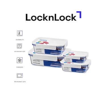 LocknLock Clear Glass Rectangular Food Container 4-pieces Set, White &ndash; Airtight, Heat-Resistant, BPA-Free Food Storage Container