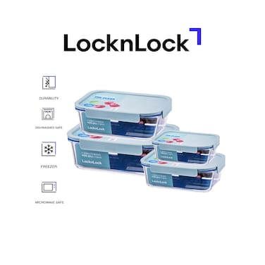 LocknLock Clear Glass Rectangular Food Container 4-pieces Set, Mint &ndash; Airtight, Heat-Resistant, BPA-Free Food Storage Container