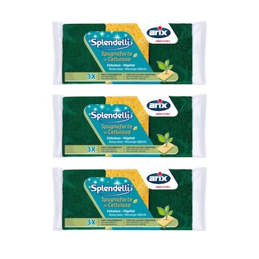 Arix Splendelli Natural Cellulose Sponge (Pack of 3 x 3pcs) &ndash; Super Absorbent &amp; Abrasive for Tough Cleaning