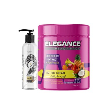 Elegance Hair Repair &amp; Shine Combo &ndash; Hot Oil Keratin Cream Mixed Fruits 1000ml + Aloe Vera Hair Serum 120ml &ndash; Hair Growth, Repair &amp; Frizz Control