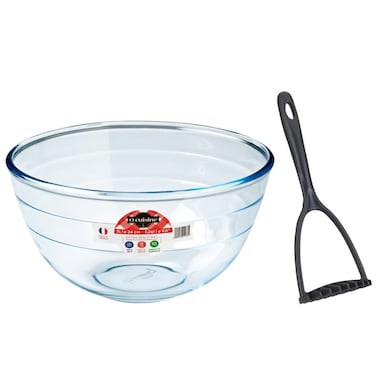 Ocuisine Mixing Bowl 3.0L Borosilicate Glass + Free Metaltex Rapid Potato Masher 28cm &ndash; Durable &amp; Efficient Kitchen Set