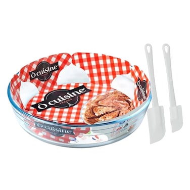 Ocuisine Round Cake Dish 1.5L Borosilicate Glass + Free Metaltex Set of 2 Whippy Pastry Spatulas 24cm &ndash; Durable &amp; Elegant Baking Set