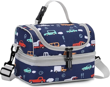 VASCHY Kids Lunch Bag, Portable Lunch Bag Separate Compartments Reusable Boys Lunch Handbag with Adjustable Shoulder Strap for School and Picnic Car