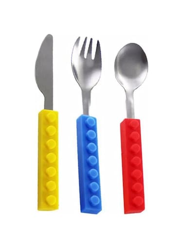 SKEIDO 3pcs Stainless Dinnerware Children Western Cutlery Set Knife Fork Spoon Steel Dinner Tableware Silicone Building Blocks Handle