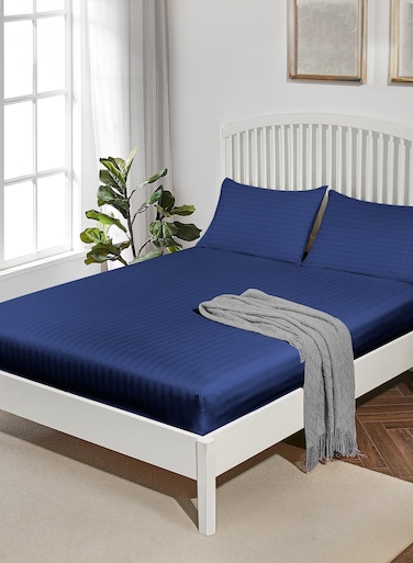 Linen Double Striped Fitted Elastic Bedsheet with 2 Pillow Case 160 x 200 Cm Navy Blue