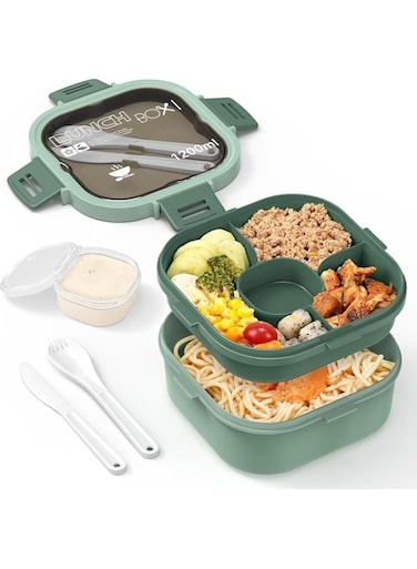 NimbusNote Bento Box, Stackable Salad Lunch Container, Versatile 4-Compartment Bento Tray, Reusable Spoon &amp; Fork, Dishwasher Safe,for Adults and Kids, 1200ML(Green)