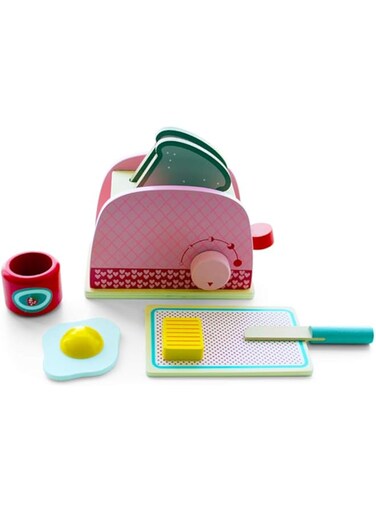 BERRY Wooden Toaster Play Set for Kids - Interactive Kitchen Toy for Toddlers - Complete Breakfast Set with Toaster, Toasts, Egg, Butter, Jam, Knife - Perfect Gift for 3 Year Old Boys and Girls (Pink)