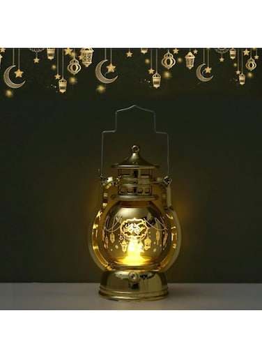 Goodern Ramadan Candle Lantern Decoration,Eid Mubarak LED Table Lights Ornaments Eid al-Fitr Crafts Moon Carve Patterns Hanging Lantern Ramadan Kareem Wind Lamp for Home Party Camping Decor-Gold(B)