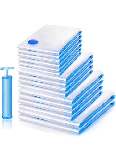 16pcs Clothes &amp; Blanket Vacuum Compression Bags Set With 1 Hand-pump Included