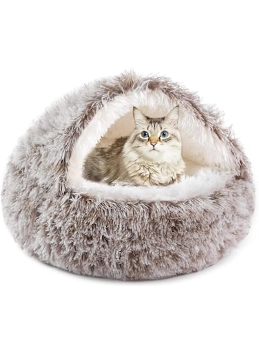 TOMVAES Cat Bed Round Plush Fluffy Hooded Cat Bed Cave, Cozy for Indoor Cats or Small Dog beds, Soothing Pet Beds Doughnut Calm Anti-nxiety Dog Bed - Waterproof Bottom Washable (Brown)