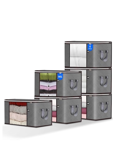 90L Large Storage Bag, 6 Pack Foldable Blanket Storage Bins, Clothing Storage Bins, Foldable Clothes Organizer and Storage Containers with Lids and Handle