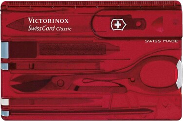Victorinox Swiss Card, Swiss Made Pocket Tool, Credit Card Size, 10 Functions, Pen, Scissors, Red Transparent,82 mm
