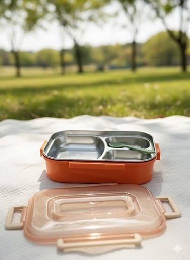 3-Compartment Stainless Steel Lunch Box with Spoon and Handle, Leakproof Bento Food Container with Removable Tray, BPA-Free, Microwave &amp; Dishwasher Safe &acirc;&euro;&ldquo; 1.5L, for School, Office, Travel, Gym