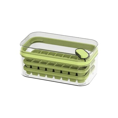 Double-layer 64-grid ice tray with press-to-release design and included ice shovel for convenience