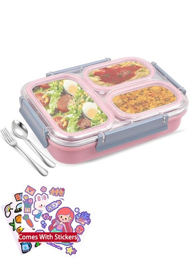 Large Bento Box Stainless Steel Lunch Box with 3 Compartments Reusable Lunch Food Container Set Meal Prep Containers for Adults Comes with Tableware and Cartoon Stickers (Pink 3 Compartment)