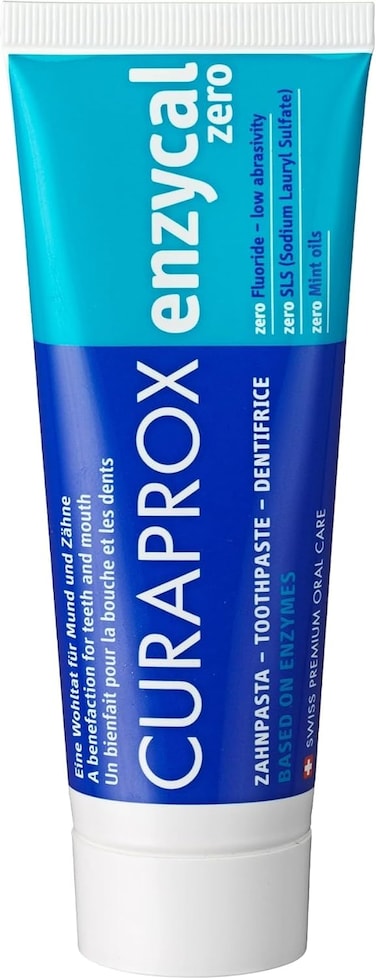 Curaprox Enzycal Zero Toothpaste, Fluoride Free Toothpaste, SLS Free Formula, Enzyme Protection for Sensitive Teeth and Dry Mouth, Low Abrasion Enamel Safe, Mild Taste, Swiss Premium Oral Care