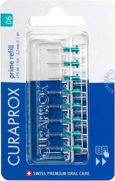 Curaprox Interdental Brush Refills CPS 06 Prime &ndash; ISO Size 0, Green , Ultra-Fine Filaments for Gentle Cleaning of Small Gaps , 8-Pack , Swiss Made , English Packaging