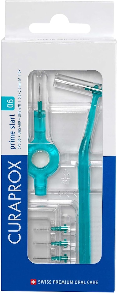 مجموعة فرش تنظيف ما بين الأسنان Curaprox CPS Prime 06، 0.6 مم، 5 فرش فائقة النعومة لتنظيف ما بين الأسنان مع حاملين وأغطية صحية لإزالة البلاك بلطف وللثة الحساسة، لون فيروزي
