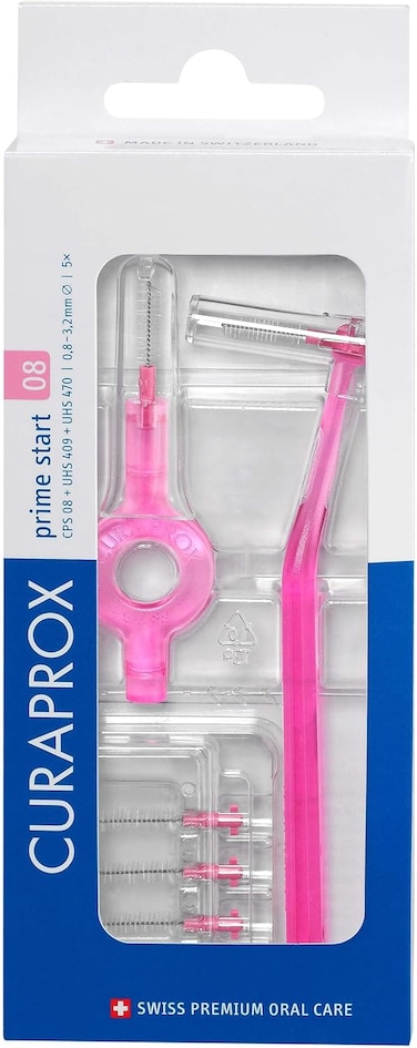 طقم فرشاة تنظيف ما بين الأسنان Curaprox CPS Prime 08، 0.8 مم، فرش فائقة النعومة مع حوامل، لإزالة البلاك بلطف بين الأسنان، استخدمها مع فرشاة أسنان Curaprox المفضلة لديك للحصول على روتين مثالي.