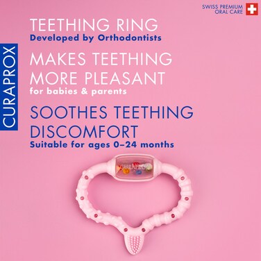 Curaprox Baby Teething Ring &amp; Rattle &ndash; BPA-Free Silicone Teething Toy for Pain Relief, Includes Learning Toothbrush for Oral Care, Sensory Motor Development Toy for Infants &amp; Toddlers, Pink, 1 Pc