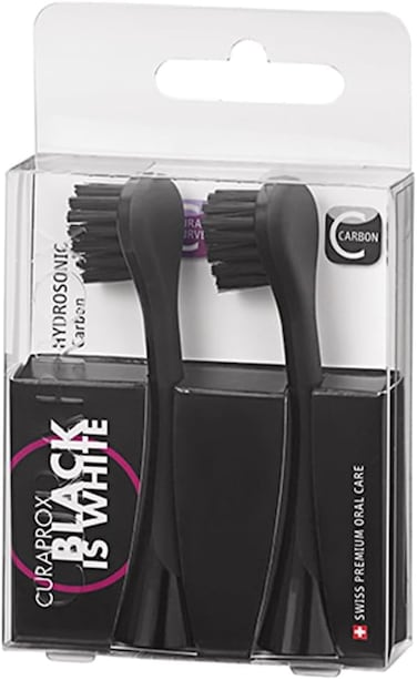 Curaprox Hydrosonic Black Is White Carbon Replacement Brush Heads, 2 Pack, Activated Carbon Teeth Whitening Filaments, Compatible with Curaprox Sonic Electric Toothbrush