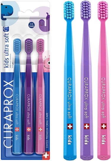 Curaprox Kids Ultra Soft Toothbrush, Pack of 3, 5,500 CUREN Bristles for Gentle Plaque Removal &amp; Cavity Reducing, Ergonomic Handle for Correct Brushing Angle, Kids Toothbrush Age 4 to 12, Assorted