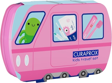 Curaprox Kids Travel Dental Set, Pink &ndash; Ultra Soft 5500 filaments Kids Toothbrush, 10ml Fluoride Toothpaste &amp; CPS Interdental Brush, Compact Oral Care Kit &amp; Gift Set for Children 6&ndash;12 Years