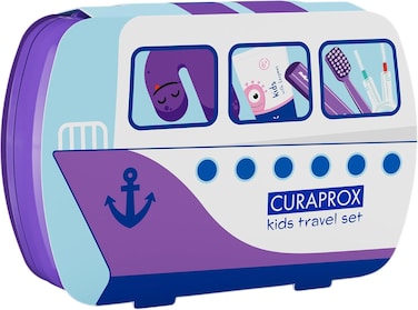 Curaprox Kids Travel Dental Set, Purple &ndash; Ultra Soft 5500 filaments Kids Toothbrush, 10ml Fluoride Toothpaste &amp; CPS Interdental Brush, Compact Oral Care Kit &amp; Gift Set for Children 6&ndash;12 Years