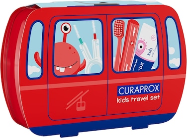 Curaprox Kids Travel Dental Set, Red &ndash; Ultra Soft 5500 filaments Kids Toothbrush, 10ml Fluoride Toothpaste &amp; CPS Interdental Brush, Compact Oral Care Kit &amp; Gift Set for Children 6&ndash;12 Years