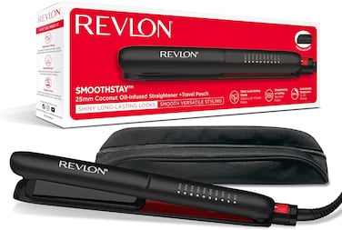 Revlon Smoothstay Coconut Oil-Infused Hair Straightener, 25mm Triple-Coated Ceramic Plates, Floating Plates With Rounded Edges, Temperature up to 235 C, Travel Pouch - RVST 2211
