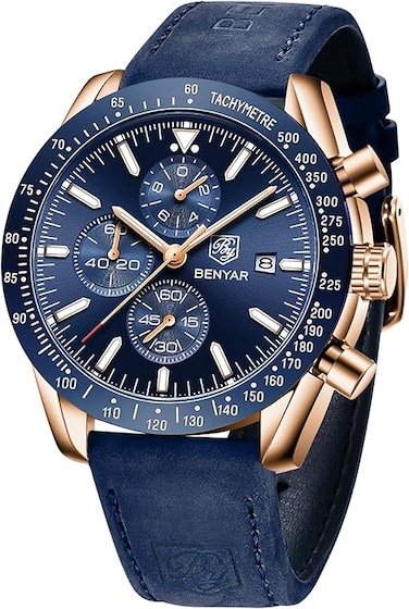 BY BENYAR Mens Watch 100M Waterproof Chronograph Date Watch for Men Brown Leather Strap Quartz Movement Analog Watch Business Casual Gift for Men
