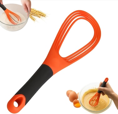 Flat and Balloon Collapsible Twist Whisk - Silicone Egg Beater, Handheld Mixer, Baking and Cooking Tool for Kitchen - Orange