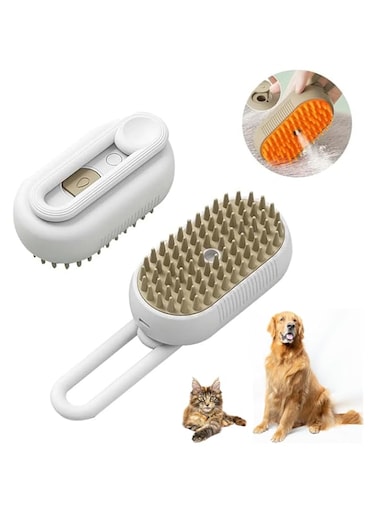 BRKT Cat Steam Brush  3 in 1 Self Cleaning Steamy Cat Brush with Foldable Handle  Multi-function Dog Hair Brush  Pet Spray Hair Comb for Removing Tangled and Eliminate Flying Hairs (white)