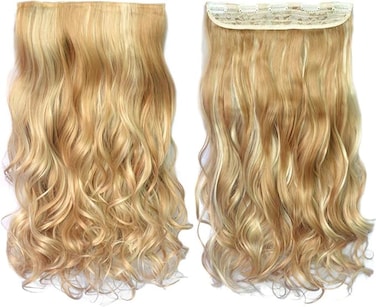 REECHO 20" 1-Pack 3/4 Full Head Curly Wave Blonde Mixed Hair Color Clips in on Synthetic Hair Extensions Hairpieces for Women 5 Clips 4.5 Oz per Piece - 25H613