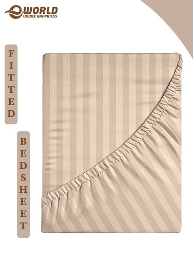 Cream Striped Microfiber Fitted Bedsheet with Deep Pocket for a Snug Fit, Breathable, Machine Washable for Optimal Protection, Available in King, Queen and Single Sizes, Without Pillow Cover